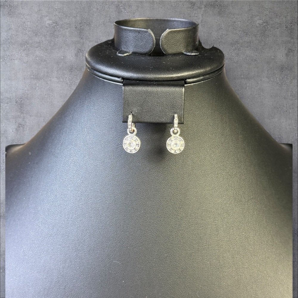 190. Vintage Monet Silver Tone Rhinestone Hoop Dangle Clip-On Earrings